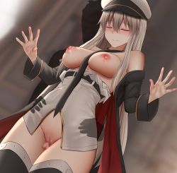 Rule 34 | 1boy, 1girl, azur lane, between breasts, black coat, black neckwear, black thighhighs, blurry, blurry background, blush, breasts, censored, closed eyes, closed mouth, clothed sex, clothes pull, coat, commentary, dutch angle, english commentary, enterprise (azur lane), ginhaha, hair between eyes, hat, hetero, highres, hug, hug from behind, large breasts, long hair, military, military hat, military uniform, mosaic censoring, necktie, necktie between breasts, nipples, off shoulder, palms, peaked cap, penis, pussy, shirt, shirt pull, silhouette, silver hair, smile, solo focus, straight hair, thigh sex, thighhighs, thighs, uniform, white headwear, white shirt