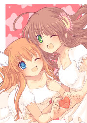 Rule 34 | 2girls, ;d, absurdres, ahoge, alternate costume, blue eyes, blush, border, braid, breasts, brown hair, canaca chiyuri, cleavage, cleavage cutout, clothing cutout, collarbone, commentary request, dress, eyes visible through hair, floating hair, flower, green eyes, hair between eyes, hair flower, hair ornament, hair spread out, happy, heart, heart hands, heart hands duo, highres, kanbe kotori, long hair, looking at viewer, medium breasts, multiple girls, one eye closed, ootori chihaya, open mouth, orange hair, pink background, pink flower, puffy short sleeves, puffy sleeves, rewrite, short sleeves, sidelocks, simple background, smile, star (symbol), straight hair, twin braids, two side up, upper body, wavy hair, white border, white dress, wing hair ornament, yuri