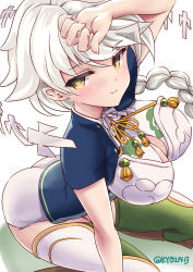 Rule 34 | 10s, 1girl, adapted costume, ass, asymmetrical hair, bad id, bad pixiv id, braid, breasts, cleavage cutout, clothing cutout, cloud print, from above, green legwear, highres, kantai collection, kyo (kyo21413), large breasts, leotard, long hair, looking at viewer, shikigami, short sleeves, silver hair, single braid, smile, solo, unryuu (kancolle), very long hair, yellow eyes