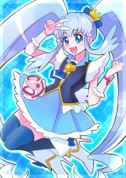Rule 34 | 1girl, blue background, blue eyes, blue hair, blue skirt, blue thighhighs, boots, brooch, crown, cure princess, hair ornament, happinesscharge precure!, heart, highres, jewelry, long hair, looking at viewer, magical girl, mini crown, momo02634, open mouth, precure, salute, skirt, smile, solo, thighhighs, twintails, vest, wing brooch, wrist cuffs