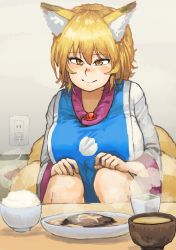 Rule 34 | 1girl, absurdres, animal ears, blonde hair, bowl, breasts, chanta (ayatakaoisii), closed mouth, electrical outlet, food, fox ears, fox tail, hair between eyes, highres, indoors, large breasts, long sleeves, looking at viewer, multiple tails, no headwear, plate, rice, short hair, sitting, slit pupils, smile, solo, steam, tail, touhou, yakumo ran, yellow eyes