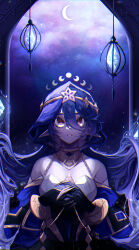 Rule 34 | 1girl, absurdres, bare shoulders, black corset, black gloves, blue hair, blue hood, blue sleeves, blue theme, breasts, chromatic aberration, circlet, collar, corset, crescent, crescent moon, crystal, detached sleeves, ears down, fake nails, full moon, genshin impact, gloves, gold trim, hair between eyes, hair ornament, hands on own chest, hanging lantern, highres, hood, hood up, indoors, jewelry, lantern, layla (genshin impact), light particles, long hair, long sleeves, looking up, medium breasts, metal collar, moon, multicolored clothes, neck ring, night, night sky, open mouth, open window, pointy ears, puffy detached sleeves, puffy long sleeves, puffy sleeves, sky, solo, standing, star (sky), star (symbol), star hair ornament, straight-on, twintails, upper body, usekh collar, very long hair, white bustier, window, wrist cuffs, yellow collar, yellow eyes, yellow nails, yellow wrist cuffs, yuuanai