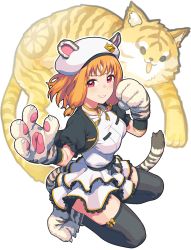 Rule 34 | 1girl, animal ears, animal hands, dress, hat, looking at viewer, love live!, love live! sunshine!!, orange hair, red eyes, short hair, smile, tail, takami chika, thighhighs, tiger, tiger ears, tiger paws, tiger tail, waste-man, white dress