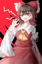 Rule 34 | 1girl, ascot, bare shoulders, bow, breasts, brown hair, commentary request, cowboy shot, detached sleeves, frilled bow, frills, hair between eyes, hair bow, hakurei reimu, highres, kinpatu mai, medium hair, open mouth, red background, red bow, red eyes, red ribbon, red shirt, red skirt, ribbon, ribbon-trimmed sleeves, ribbon trim, shirt, shouting, simple background, skirt, sleeve ribbon, sleeveless, sleeveless shirt, small breasts, solo, teeth, touhou, upper teeth only, yellow ascot