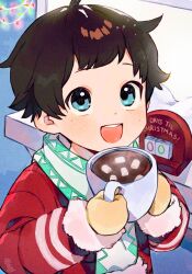 Rule 34 | 1boy, blue eyes, brown hair, child, christmas lights, coat, commentary, english commentary, english text, food, highres, hot chocolate, looking at viewer, male focus, marshmallow, mittens, nemui (nemuriyagi), open mouth, original, red coat, scarf, smile, solo, teeth, upper teeth only, winter clothes