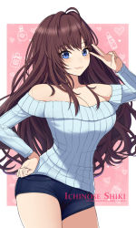 Rule 34 | 1girl, :3, ahoge, bare shoulders, blue eyes, blue sweater, border, bottle, breasts, brown hair, character name, cleavage, commentary request, denim, denim shorts, hand on own hip, heart, highres, hip focus, ichinose shiki, idolmaster, idolmaster cinderella girls, kannko bokujou, large breasts, long hair, looking at viewer, off-shoulder sweater, off shoulder, perfume bottle, pink background, revision, ribbed sweater, shorts, smile, solo, standing, sweater, thighs, v, wavy hair, white border
