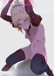Rule 34 | 1girl, absurdres, armpits, black legwear, blonde hair, blush, bound, bound arms, breasts, censored, clenched teeth, commentary request, fate/apocrypha, fate (series), green eyes, highres, juliet sleeves, long sleeves, looking at viewer, looking up, mordred (fate), mordred (fate/apocrypha), mosaic censoring, navel, nipples, partially undressed, ponytail, puffy nipples, puffy sleeves, pussy, q (ed69), scrunchie, shadow, sidelocks, simple background, small breasts, solo, squatting, sweat, teeth
