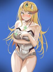 Rule 34 | 1girl, bare shoulders, blonde hair, breasts, chest jewel, cleavage, collarbone, covering breasts, covering privates, earrings, highres, hip vent, jewelry, large breasts, long hair, mythra (radiant beach) (xenoblade), mythra (xenoblade), one-piece swimsuit, rokuba, solo, swimsuit, tiara, white swimsuit, xenoblade chronicles (series), xenoblade chronicles 2, yellow eyes