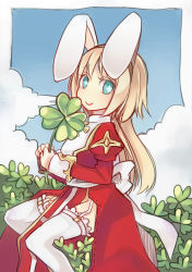 Rule 34 | 1girl, animal ears, blonde hair, blue eyes, blush, bow, brown hairband, chinese commentary, closed mouth, clover, commentary request, cross, dress, fake animal ears, feet out of frame, four-leaf clover, garter straps, hairband, high priest (ragnarok online), holding, holding clover, juliet sleeves, long hair, long sleeves, looking at viewer, puffy sleeves, rabbit ears, ragnarok online, red dress, sash, siolfur, smile, solo, star (symbol), star in eye, symbol in eye, thighhighs, two-tone dress, white bow, white dress, white sash, white thighhighs