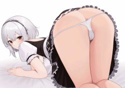 Rule 34 | 1girl, animated, animated gif, artist request, ass, azur lane, blush, butt crack, closed eyes, female focus, from behind, looking at viewer, looking back, medium hair, motono (sakamotono), panties, panty pull, silver hair, simple background, sirius (azur lane), skirt, smile, solo, top-down bottom-up, underwear, white panties