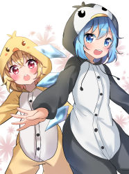 Rule 34 | 2girls, :d, :o, absurdres, alternate costume, animal costume, blonde hair, blue eyes, blue hair, blush, buttons, chestnut mouth, chicken costume, cirno, commentary request, costume, cowboy shot, crossed bangs, flat chest, floral background, hair between eyes, hanen (borry), highres, ice, ice wings, looking at viewer, multiple girls, one-hour drawing challenge, open mouth, outstretched arms, penguin costume, red eyes, rumia, short hair, simple background, smile, standing, teeth, touhou, upper teeth only, white background, wings