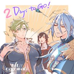 Rule 34 | 3boys, blue hair, blush, brown hair, chain, chinese clothes, cross, ear piercing, edmond (nu carnival), epaulettes, flying button, gem, green eyes, green hair, knight, latin cross, light blue hair, long hair, long sleeves, low ponytail, multicolored hair, multiple boys, nu carnival, official art, olivine (nu carnival), orange eyes, orange hair, pectorals, piercing, popped button, short hair, slit pupils, two-tone hair, yakumo (nu carnival)