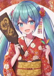 Rule 34 | 1girl, :d, absurdres, blue eyes, blue hair, blush, dot nose, dragon print, floral print, flower, hagoita, hair between eyes, hair flower, hair ornament, hane (hanetsuki), hatsune miku, highres, holding, holding paddle, japanese clothes, kanzashi, kimono, long hair, long sleeves, looking at viewer, meemen, obi, open mouth, paddle, pink flower, print kimono, red flower, red kimono, sash, seigaiha, sidelocks, smile, solo, twintails, upper body, very long hair, vocaloid, white background, wide sleeves