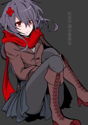 Rule 34 | 1girl, grey background, highres, itoshiki eru, looking at viewer, on floor, original, red eyes, red scarf, scarf, simple background, sitting