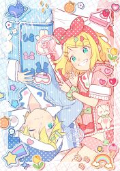 Rule 34 | 1boy, 1girl, absurdres, aqua eyes, bed sheet, blonde hair, blue bow, blue pajamas, bon bon eee, bow, cake, candy hair ornament, collar, commentary request, flower, food, food-themed hair ornament, frilled collar, frilled pillow, frilled sleeves, frills, fruit, green bow, grin, hair bow, hair ornament, hairclip, hat, heart, highres, ice cream, kagamine len, kagamine rin, korean commentary, long sleeves, looking at viewer, lying, nightcap, on back, on bed, on side, one eye closed, orange (fruit), pajamas, pillow, pink bow, pink pajamas, polka dot, polka dot bow, project sekai, rainbow, red bow, rotational symmetry, scrunchie, shooting star, short sleeves, shorts, sleepy, smile, spoken heart, spoken star, star (symbol), sticker, strawberry cake, striped clothes, striped pajamas, stuffed animal, stuffed toy, swept bangs, teddy bear, tulip, vocaloid, wavy mouth, wrist scrunchie