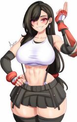 Rule 34 | 1girl, anisdrawn, bare shoulders, black hair, black skirt, black thighhighs, blush, breasts, collarbone, cowboy shot, crop top, final fantasy, final fantasy vii, fingerless gloves, gloves, grin, highres, large breasts, long hair, looking at viewer, midriff, miniskirt, navel, pleated skirt, red eyes, red gloves, simple background, skirt, smile, solo, standing, stomach, tank top, thick thighs, thighhighs, thighs, tifa lockhart, very long hair, white background, white tank top
