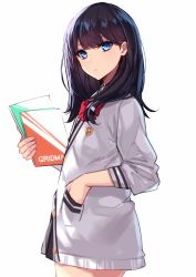 Rule 34 | 10s, 1girl, aosaki yukina, black hair, black skirt, blue eyes, bow, bowtie, breasts, closed mouth, copyright name, gridman universe, hand in pocket, highres, long hair, long sleeves, looking at viewer, miniskirt, notebook, pleated skirt, red bow, red bowtie, school uniform, simple background, skirt, solo, ssss.gridman, sweater, swept bangs, takarada rikka, thighs, white background, white sweater