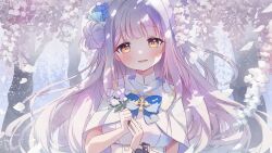 Rule 34 | 1girl, blue archive, blue flower, blush, breasts, capelet, cherry blossoms, dress, flower, hair bun, hair flower, hair ornament, highres, holding, holding flower, large breasts, long hair, looking at viewer, mika (blue archive), open mouth, pink hair, single side bun, smile, solo, spi, upper body, white capelet, white dress, yellow eyes