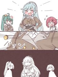 Rule 34 | +++, 3girls, 3koma, :/, :d, = =, ahoge, akamirai, anger vein, aqua hair, assault lily, belt, black skirt, blank eyes, blush, bob cut, bow, breasts, brown background, brown jacket, buttons, close-up, closed eyes, collared shirt, comic, commentary, cropped jacket, crossed arms, faceless, faceless female, fang, flying button, gloves, green hair, grey belt, grey gloves, hair between eyes, hair ornament, hairclip, hands on own hips, hands up, high-waist skirt, high ponytail, jacket, jitome, long sleeves, looking at another, medium breasts, miwada rito, motion lines, multiple girls, no eyes, open mouth, pink eyes, pink hair, ponytail, popped button, school uniform, shirt, short hair, silent comic, simple background, skirt, smile, speed lines, standing, suspender skirt, suspenders, tashiro ayumu, translated, tsujimoto yuunagi, upper body, v-shaped eyebrows, white background, white shirt, yellow bow