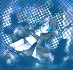 Rule 34 | 10s, 1girl, bad id, bad pixiv id, bikini, black hair, black rock shooter, black rock shooter (character), blue eyes, blue theme, boots, chain, coat, cross, female focus, flat chest, glowing, glowing eyes, hatsune miku, hood, hooded jacket, jacket, knee boots, long hair, looking up, maimu (polka), navel, pale skin, ribbon, shorts, side-tie bikini bottom, solo, star (symbol), swimsuit, twintails, uneven twintails, very long hair, vocaloid