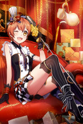 Rule 34 | 10s, 1girl, :d, ;d, animal print, bad id, bad pixiv id, beads, black footwear, black gloves, blush, bow, box, buttons, cafe maid (love live!), cat print, chain, checkered clothes, checkered skirt, couch, curtains, drink, earrings, flower, frills, gift, gift box, gloves, hat, holding, holding microphone, hoshizora rin, indoors, jewelry, lace, lace-trimmed gloves, lace trim, leclle, love live!, love live! school idol festival, love live! school idol project, md5 mismatch, microphone, microphone stand, mini hat, mini top hat, miniskirt, multicolored bow, necktie, one eye closed, open mouth, orange hair, over-kneehighs, red bow, ribbon, rose, shoes, short hair, sitting, skirt, sleeveless, smile, solo, striped clothes, striped headwear, striped necktie, striped neckwear, striped thighhighs, thighhighs, top hat, treble clef, vertical-striped clothes, vertical-striped thighhighs, wrist cuffs, yellow bow, yellow eyes, yellow flower, yellow ribbon, yellow rose