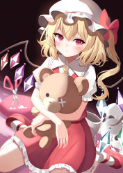 Rule 34 | 1girl, back bow, blonde hair, blush, bow, closed mouth, collared shirt, crystal, dark background, dutch angle, flandre scarlet, frilled shirt collar, frilled skirt, frilled sleeves, frills, frown, full body, guram, hair between eyes, hat, hat ribbon, highres, holding, holding stuffed toy, looking at viewer, mary janes, medium hair, mob cap, on ground, puffy short sleeves, puffy sleeves, red eyes, red footwear, red ribbon, red skirt, red vest, ribbon, scissors, shirt, shoes, short sleeves, side ponytail, sitting, skirt, skirt set, skull, socks, solo, stuffed toy, tedy5845, touhou, vest, wariza, white bow, white hat, white shirt, white socks