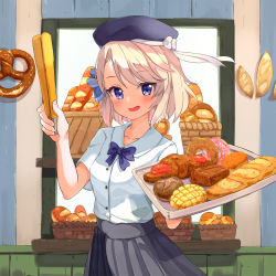 Rule 34 | 1girl, ame., azur lane, baguette, beret, black hat, black skirt, blush, bow, bread, breasts, collarbone, collared shirt, commentary request, doughnut, dress shirt, food, hand up, hat, highres, holding, holding tray, indoors, light brown hair, looking at viewer, open mouth, pleated skirt, pretzel, purple bow, purple eyes, shirt, skirt, small breasts, smile, solo, standing, tongs, tray, white shirt, z23 (azur lane)