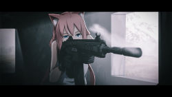 Rule 34 | 1girl, ahoge, aiming, animal ears, assault rifle, blue eyes, cat ears, commentary request, gloves, gun, h&amp;k hk416, heckler &amp; koch, highres, hinata channel, holding, holding gun, holding weapon, houtinti, letterboxed, nekomiya hinata, partial commentary, pink hair, rifle, smoke, solo, virtual youtuber, weapon