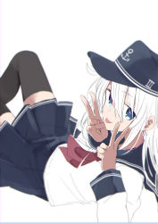 Rule 34 | 1girl, :d, absurdres, anchor, anchor symbol, black thighhighs, blue eyes, double v, flat cap, hat, hibiki (kancolle), highres, kantai collection, long hair, long sleeves, open mouth, pleated skirt, red neckwear, sailor collar, school uniform, serafuku, simple background, skirt, smile, solo, tetuw, thighhighs, tongue, v, white background, white hair