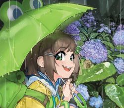 Rule 34 | 1girl, ahoge, animal umbrella, arms up, artist name, backpack, bag, blue collar, blue hoodie, branch, child, cloud print, coat, collar, earrings, ears, eyelashes, female focus, fingernails, flower, freckles, frog umbrella, girutea, green background, green eyes, green hair ornament, green shirt, green umbrella, green wristband, hair ornament, hairclip, hand up, holding, holding umbrella, hood, hoodie, hydrangea, indie virtual youtuber, jacket, jewelry, leaf, leaning forward, leaves, lily hopkins, looking at viewer, messy hair, multicolored clothes, nature, open mouth, plant, rain, raincoat, shiny skin, shirt, signature, snail, solo, string, teeth, tongue, tree, tree shade, umbrella, upper body, upper teeth only, virtual youtuber, water, water drop, wet, yellow coat, yellow jacket, yellow raincoat