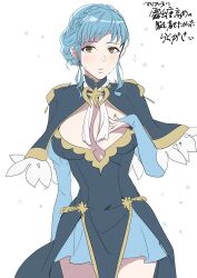 Rule 34 | 1girl, absurdres, adapted costume, blue capelet, blue dress, blue hair, blush, braid, breasts, bridal gauntlets, brown eyes, capelet, cleavage, commentary request, crown braid, dress, fire emblem, fire emblem: three houses, flying sweatdrops, hand on own chest, highres, large breasts, looking at viewer, marianne von edmund, nintendo, sidelocks, simple background, solo, sou mei, sweatdrop, translation request, white background