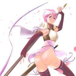 Rule 34 | 1girl, armor, armored dress, armpits, ass, bare shoulders, cowboy shot, elbow gloves, est (fire emblem), fire emblem, fire emblem: mystery of the emblem, gloves, haioman, headband, looking at viewer, nintendo, no panties, pegasus knight uniform (fire emblem), petals, pink eyes, pink hair, polearm, short hair, smile, solo, spear, sword, thighhighs, weapon, white background