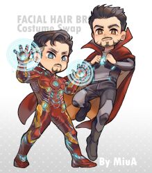 Rule 34 | 2boys, akira yoru, arc reactor, armor, avengers: infinity war, avengers (series), black footwear, black hair, black pants, black shirt, blue eyes, boots, brown eyes, cloak, closed mouth, commentary, cosplay, costume switch, doctor strange, doctor strange (cosplay), english commentary, english text, facial hair, flying, full armor, full body, gradient background, grey background, grey hair, hands up, highres, hologram, iron man, iron man (cosplay), long sleeves, looking at viewer, male focus, marvel, marvel cinematic universe, multicolored armor, multicolored hair, multiple boys, orange armor, pants, power armor, red armor, red cloak, shirt, short hair, simple background, smile, standing, superhero costume, tony stark, twitter username, two-tone hair, v-shaped eyebrows, white background