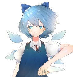 Rule 34 | 1girl, absurdres, bad id, bad twitter id, blue eyes, blue hair, blush, bow, cirno, closed mouth, ddari, dress, fairy wings, hair bow, highres, holding, ice, ice wings, looking at viewer, puffy short sleeves, puffy sleeves, red ribbon, ribbon, short hair, short sleeves, simple background, solo, touhou, upper body, white background, wings