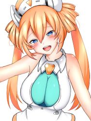 Rule 34 | :d, bare shoulders, blue eyes, blush, breasts, from above, hair between eyes, hair rings, happy, hat, head tilt, highres, long hair, looking at viewer, medium breasts, neptune (series), nitoya, nurse cap, open mouth, orange hair, orange heart (neptunia), outstretched arms, power symbol, power symbol-shaped pupils, shin jigen game neptune vii, simple background, sleeveless, smile, symbol-shaped pupils, teeth, twintails, upper body, upper teeth only, very long hair, white background