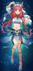 Rule 34 | 1girl, :d, aqua eyes, arm up, blue nails, blue skirt, bracer, breasts, brooch, circlet, crop top, detached sleeves, from above, full body, genshin impact, gladiator sandals, gold footwear, gold trim, harem outfit, highres, jewelry, knees together feet apart, liu guniang, long hair, long sleeves, looking at viewer, low twintails, lying, lying on water, medium breasts, nail polish, navel, neck ring, nilou (genshin impact), on back, open mouth, outstretched hand, parted bangs, pelvic curtain, puffy long sleeves, puffy sleeves, red hair, ripples, sandals, skirt, smile, solo, sparkle, stomach, tassel, thighlet, thighs, toenail polish, toenails, toes, twintails, veil, very long hair, water, white headwear