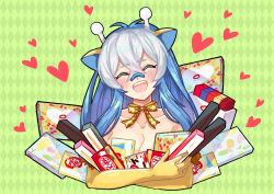 Rule 34 | 1girl, animal ears, argyle, argyle background, argyle clothes, bandage on face, bandages, blue hair, blush, breasts, chocolate, cleavage, closed eyes, collarbone, creatures (company), elbow gloves, facing viewer, game freak, gen 2 pokemon, gift, girafarig, giraffe ears, gloves, heart, highres, horns, kasuka108, kitkat, long hair, nintendo, open mouth, personification, pokemon, solo, upper body, white hair, yellow gloves
