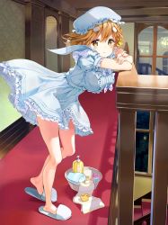 Rule 34 | 10s, 1girl, blue dress, braid, breasts, brown eyes, brown hair, dress, feet, flower, frilled dress, frilled hat, frills, hair flower, hair ornament, hairclip, hat, highres, koiwai yoshino, large breasts, long legs, masamune-kun no revenge, mob cap, official art, puffy sleeves, rubber duck, short hair, side braid, skirt, slippers, solo, tears, tiv, wavy mouth