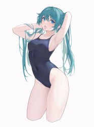 Rule 34 | 1girl, absurdres, alternate costume, arms behind head, black one-piece swimsuit, blue eyes, breasts, competition swimsuit, covered navel, cropped legs, green hair, hatsune miku, highleg, highleg swimsuit, highres, long hair, medium breasts, mouth hold, one-piece swimsuit, simple background, solo, swimsuit, twintails, vocaloid, white background, yuuichi yuiko