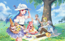 Rule 34 | 2boys, 3girls, :d, ahoge, anais del caril, baguette, bare shoulders, basket, benya (tales weaver), bird, blonde hair, blowing, blue eyes, blue hair, blue sky, bow, bread, brown pants, candle, candybox, character request, cloud, cookie, cupcake, day, closed eyes, flower, food, fruit, grapes, grass, grey hair, hair bow, hat, hat flower, hat ribbon, highres, image sample, instrument, jewelry, joshua von arnim, lute (instrument), multiple boys, multiple girls, necklace, open mouth, outdoors, pants, picnic, pink eyes, pink hair, red bow, ribbon, sang ah yoon, shirt, sitting, sky, smile, t-shirt, tales weaver, teapot, tichiel juspian, tree