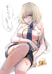 Rule 34 | 1girl, blonde hair, blush, breasts, clenched teeth, fate/grand order, fate (series), honey, honeycomb (pattern), honeycomb background, honeycomb pattern, jar, jeanne d&#039;arc (fate), jeanne d&#039;arc (girl from orleans) (fate), jeanne d&#039;arc alter (avenger) (fate), jeanne d&#039;arc alter (fate), long hair, looking at viewer, lying, necktie, omizu (omz), on back, ruler (fate/grand order), shorts, solo, teeth, yellow eyes