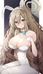 Rule 34 | 1girl, akane (blue archive), akane (bunny) (blue archive), animal ears, blue archive, blue bow, blue bowtie, bow, bowtie, breasts, brown eyes, brown scarf, cleavage, detached collar, glasses, gloves, halo, hand on own chest, highres, ichinose (sorario), large breasts, leotard, light brown hair, looking at viewer, pantyhose, plaid, plaid scarf, playboy bunny, rabbit ears, scarf, smile, solo, white gloves, white pantyhose