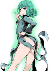 Rule 34 | 1girl, aqua eyes, aqua hair, arched back, asanagi, ass, black dress, breasts, dress, covered erect nipples, green theme, hand on own hip, index finger raised, long sleeves, looking at viewer, no panties, one-punch man, short hair, small breasts, smile, solo, tatsumaki, wind, wind lift