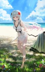 Rule 34 | 1girl, absurdres, arm behind back, bad anatomy, barefoot, beach, bikini, blue sky, breasts, cleavage, cloud, copyright request, flower, full body, grass, hair flower, hair ornament, highres, holding, holding weapon, medium breasts, pink eyes, see-through, silver hair, sky, solo, sonchi, standing, swimsuit, tattoo, weapon, white bikini