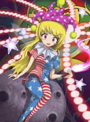 Rule 34 | 1girl, absurdres, american flag dress, american flag pants, blonde hair, blush, blush stickers, breasts, clownpiece, commentary request, dress, fairy wings, fire, gradient background, green background, gurina 15, hand up, hat, highres, holding, holding torch, jester cap, long hair, looking to the side, md5 mismatch, medium breasts, moon, neck ruff, no shoes, open mouth, pants, polka dot, purple fire, purple hat, red background, red eyes, resolution mismatch, short sleeves, sitting, smile, solo, source smaller, spell card, star (symbol), star print, striped clothes, striped dress, striped pants, torch, touhou, v-shaped eyebrows, wings, yellow background