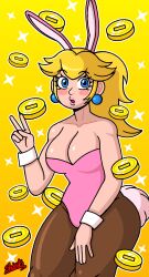 Rule 34 | 1girl, absurdres, artist name, blonde hair, blue eyes, blush, breasts, cleavage, coin, hand on leg, hand on own leg, hand on own thigh, hand on thigh, highres, large breasts, legs, leotard, looking at viewer, mario (series), nintendo, open mouth, playboy bunny, ponytail, princess, princess peach, rabbit ears, shintoart, solo, super mario bros. 1, thick thighs, thighs, v