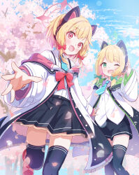 Rule 34 | 2girls, absurdres, animal ear headphones, animal ears, black shorts, black skirt, black thighhighs, blonde hair, blue archive, blue necktie, blue sky, blush, boots, bow, branch, buttons, cat ear headphones, cherry blossoms, cloud, cloudy sky, collared shirt, day, fake animal ears, frills, green bow, green eyes, green halo, hair between eyes, hair bow, halo, hand up, headphones, highres, jacket, leg up, long sleeves, looking at viewer, midori (blue archive), mikumiku37, momoi (blue archive), multiple girls, necktie, one eye closed, open clothes, open jacket, open mouth, outdoors, petals, pink bow, pink footwear, pink hair, pink halo, purple jacket, shirt, short hair, shorts, skirt, sky, smile, standing, standing on one leg, suspender skirt, suspenders, thighhighs, tree, two-sided fabric, two-sided jacket, white jacket, white shirt, wide sleeves