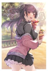 Rule 34 | !, !!, 1girl, arched back, black hair, black skirt, blush, border, breasts, colored inner hair, commentary request, cowboy shot, crepe, day, ear piercing, earrings, embarrassed, fang, floating hair, food, from behind, from side, fruit, grey shirt, hand up, high-waist skirt, highres, holding, holding food, jacket, jewelry, light particles, light rays, long hair, long sleeves, looking at viewer, looking back, medium breasts, miniskirt, multicolored hair, off shoulder, one side up, open clothes, open jacket, open mouth, original, outdoors, outside border, petticoat, piercing, pink jacket, pleated skirt, purple eyes, purple hair, shikino yuki, shirt, sidelocks, skirt, solo, speech bubble, spoken blush, spoken exclamation mark, standing, strap slip, strawberry, strawberry slice, streaked hair, stud earrings, surprised, suspender skirt, suspenders, tree, two-tone hair, underbust, walking, white border