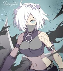 Rule 34 | 1girl, animal ears, arknights, bare shoulders, black mask, breasts, crop top, female focus, fishnets, grey eyes, hair over one eye, highres, holding shuriken, holding weapon, looking at viewer, mask, mouth mask, navel, prototype design, shirayuki (arknights), short hair, shuriken, solo, stoat girl, vhdtyzusixc7fai, weasel ears, white hair