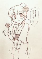 Rule 34 | 1girl, between legs, blush, candy apple, closed mouth, embarrassed, female focus, flat chest, flower, food, greyscale, hair bun, hair flower, hair ornament, hand between legs, hand up, have to pee, highres, holding, japanese clothes, japanese text, kimono, long sleeves, looking down, monochrome, obi, original, sash, simple background, single hair bun, sketch, solo, standing, sweat, thought bubble, traditional media, translation request, trembling, white background, yunomimochi